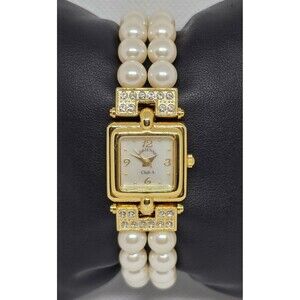 Women's Adrienne Club A Fancy Gold Tone Rhinestone Pearl Bracelet Band Watch 10